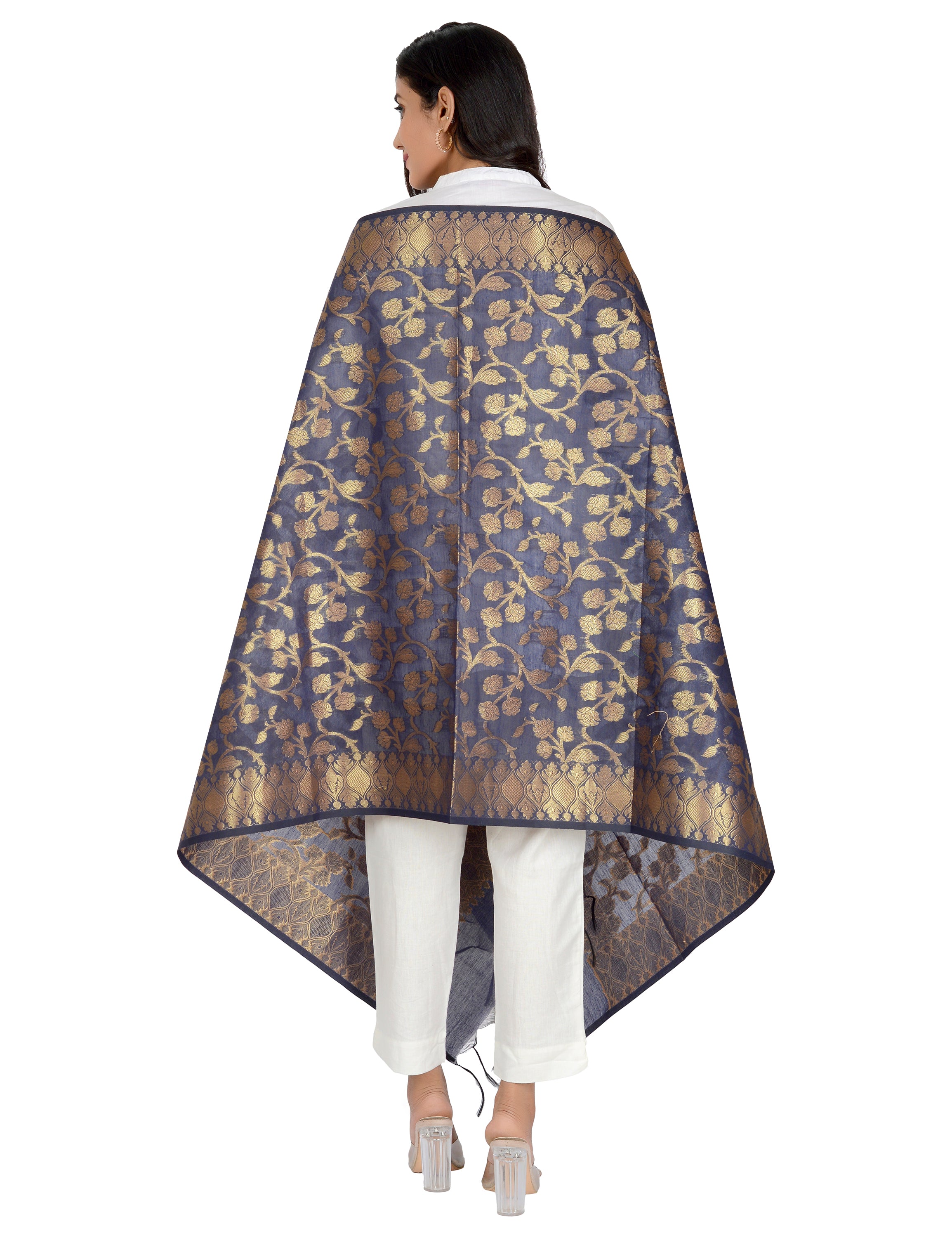 Banarasi Kora Silk Kiara Butti Dupatta- Navy Blue
