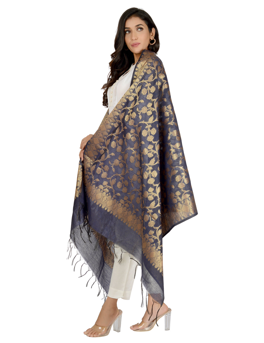 Banarasi Kora Silk Kiara Butti Dupatta- Navy Blue