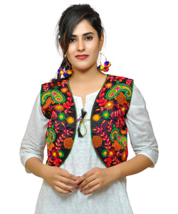 Cotton Kutchi Embroidered Short Jacket/Koti/Shrug (Keri Allover) BLACK - KJK01