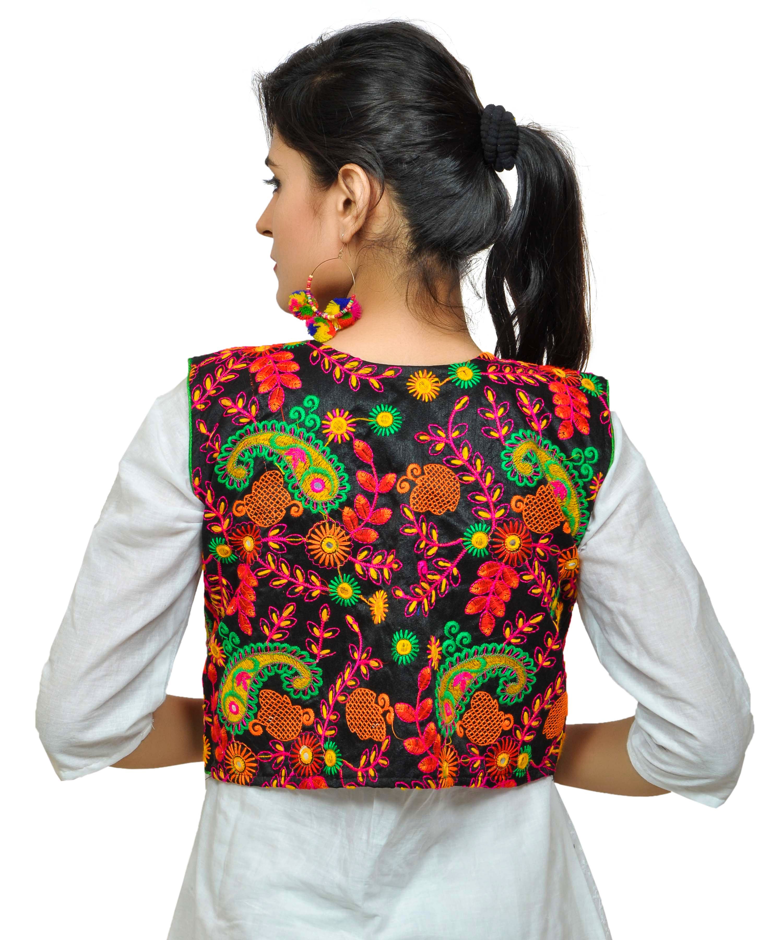 Cotton Kutchi Embroidered Short Jacket/Koti/Shrug (Keri Allover) BLACK - KJK01