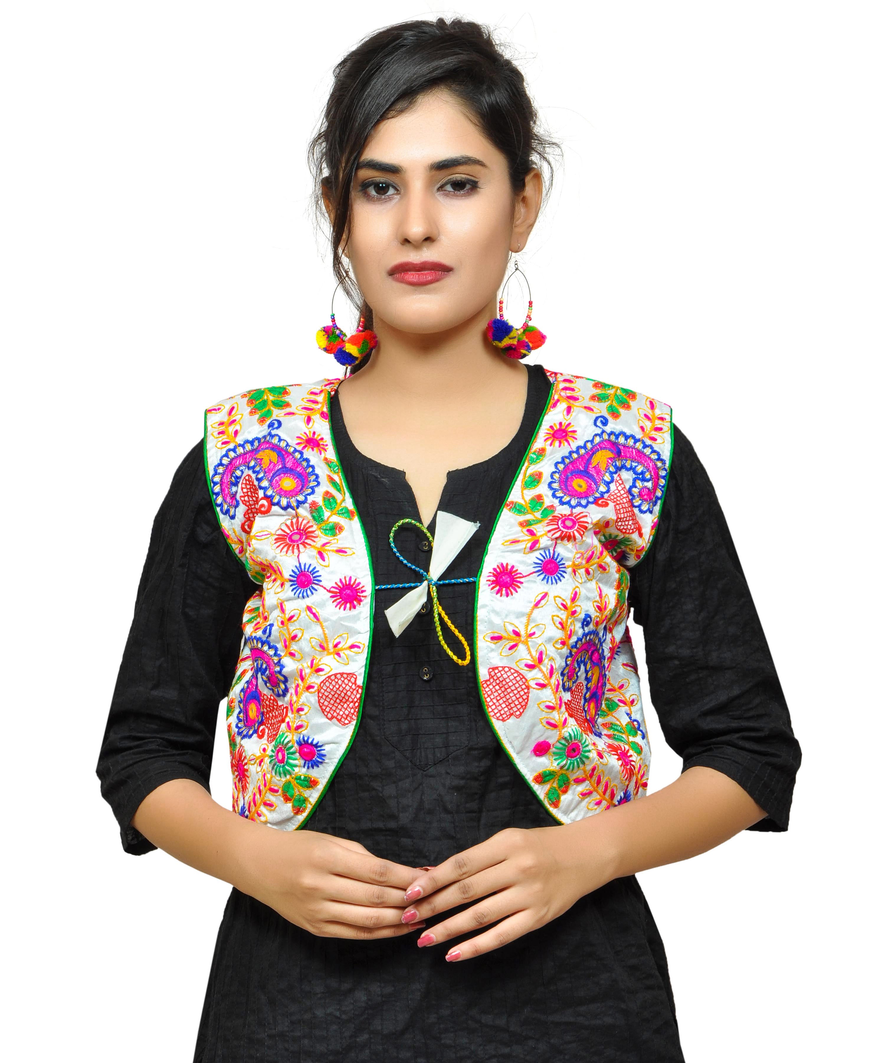 Cotton Kutchi Embroidered Short Jacket/Koti/Shrug (Keri Allover) WHITE - KJK02