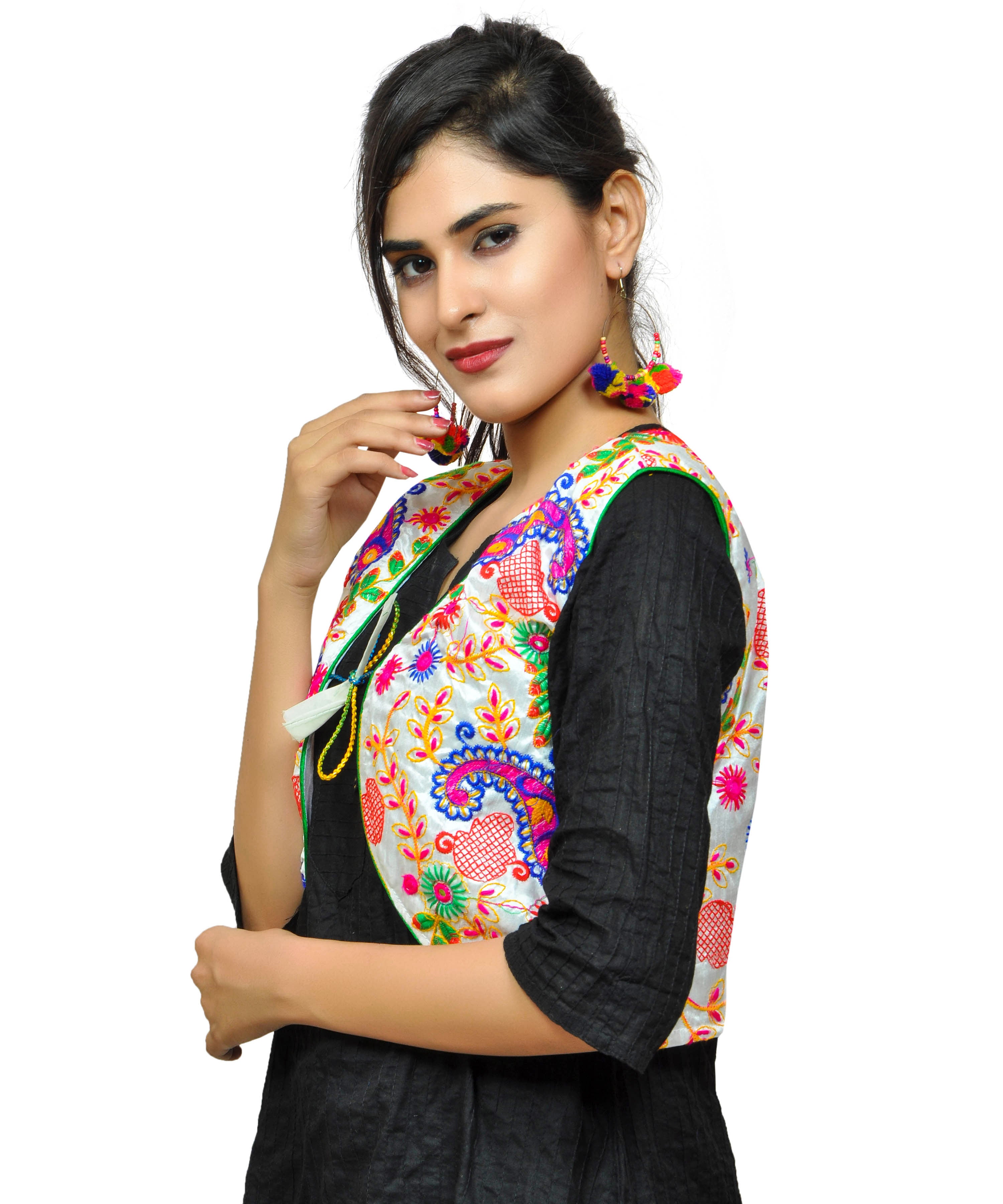 Cotton Kutchi Embroidered Short Jacket/Koti/Shrug (Keri Allover) WHITE - KJK02