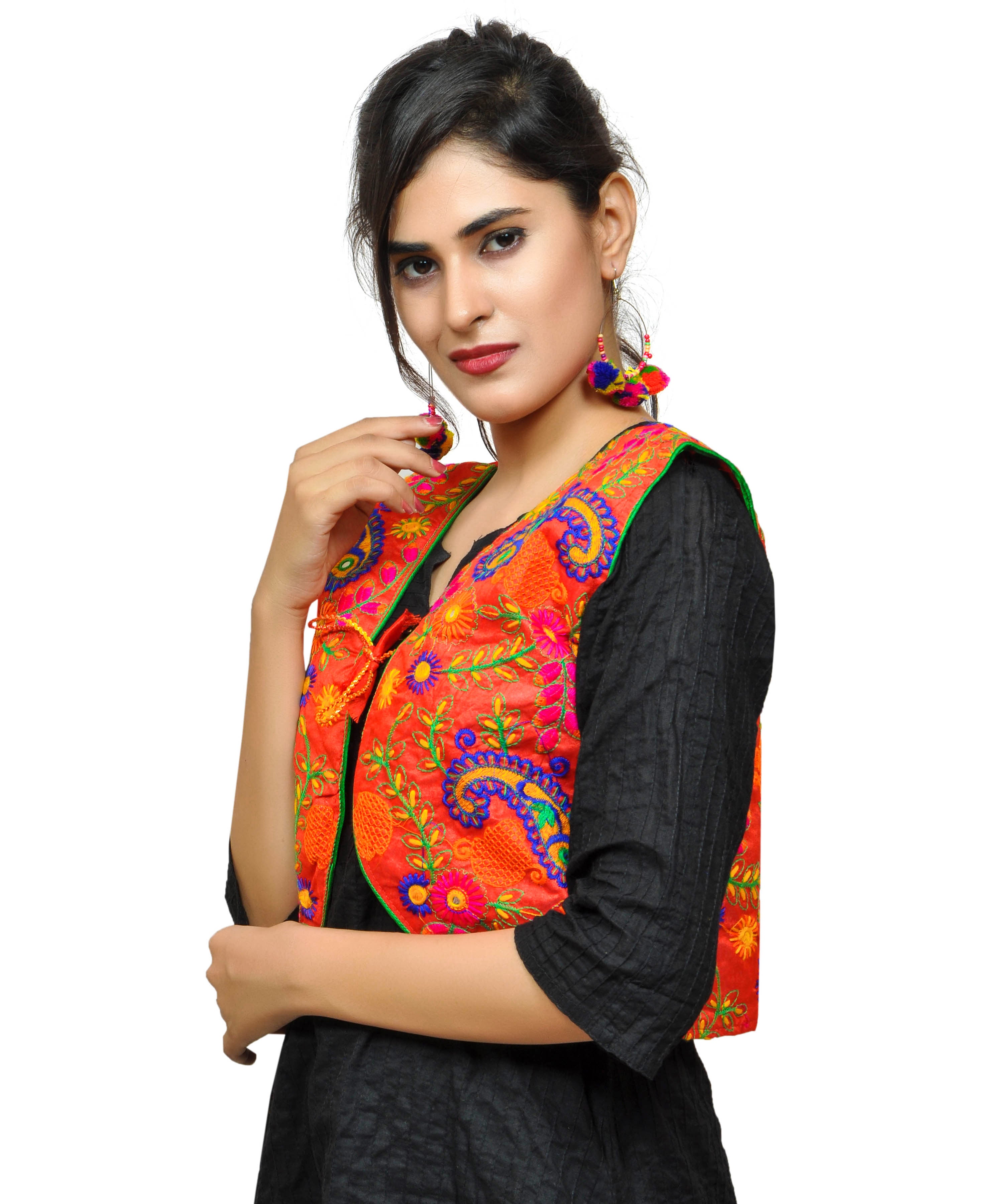 Cotton Kutchi Embroidered Short Jacket/Koti/Shrug (Keri Allover) RED - KJK03