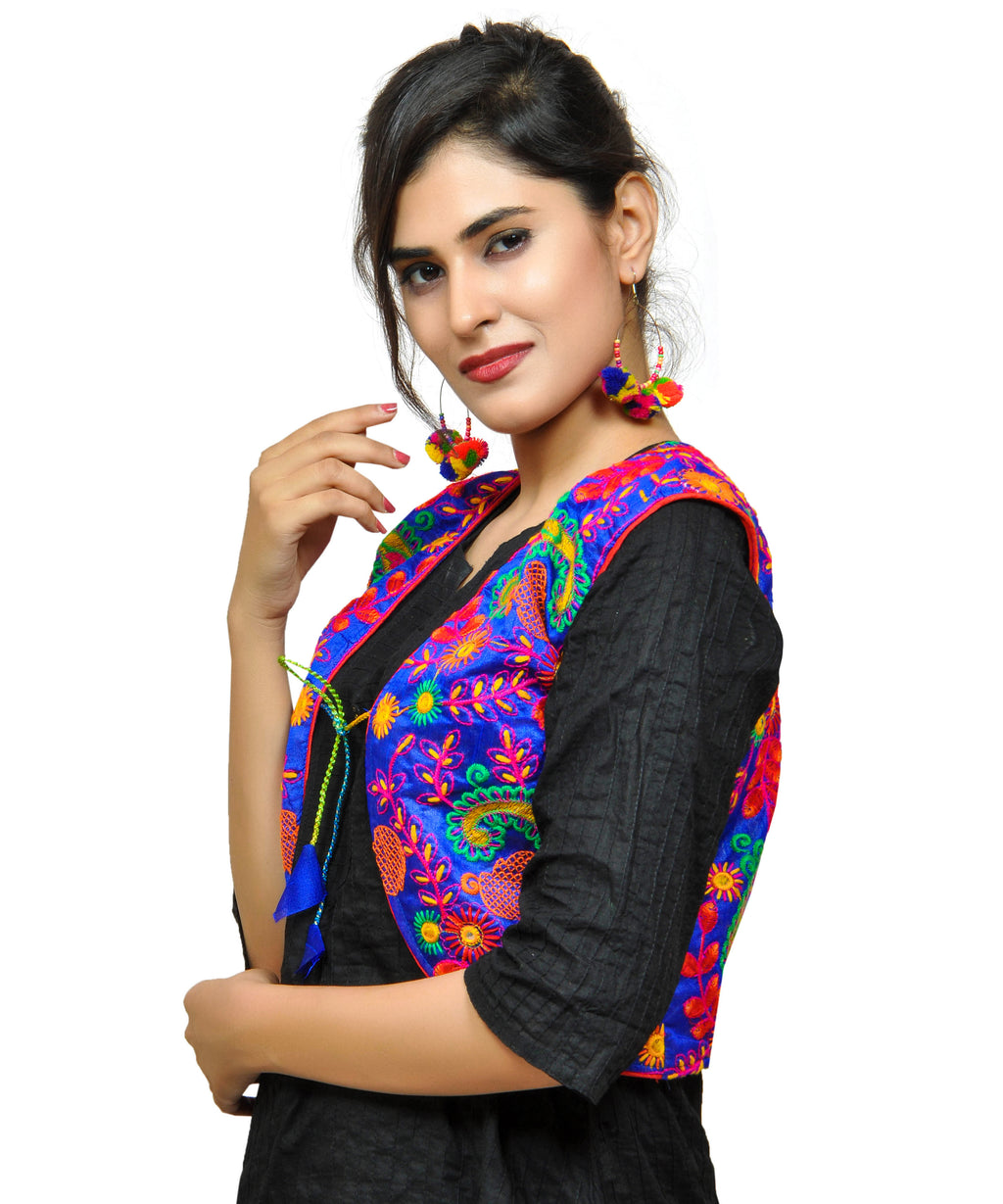 Cotton Kutchi Embroidered Short Jacket/Koti/Shrug (Keri Allover) BLUE - KJK04
