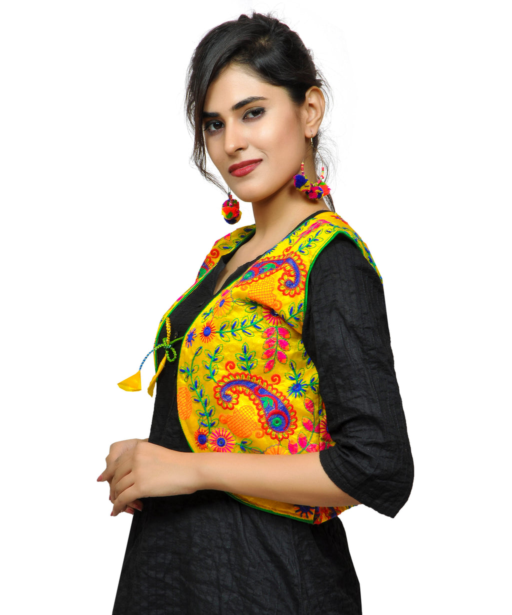 Cotton Kutchi Embroidered Short Jacket/Koti/Shrug (Keri Allover) YELLOW - KJK05