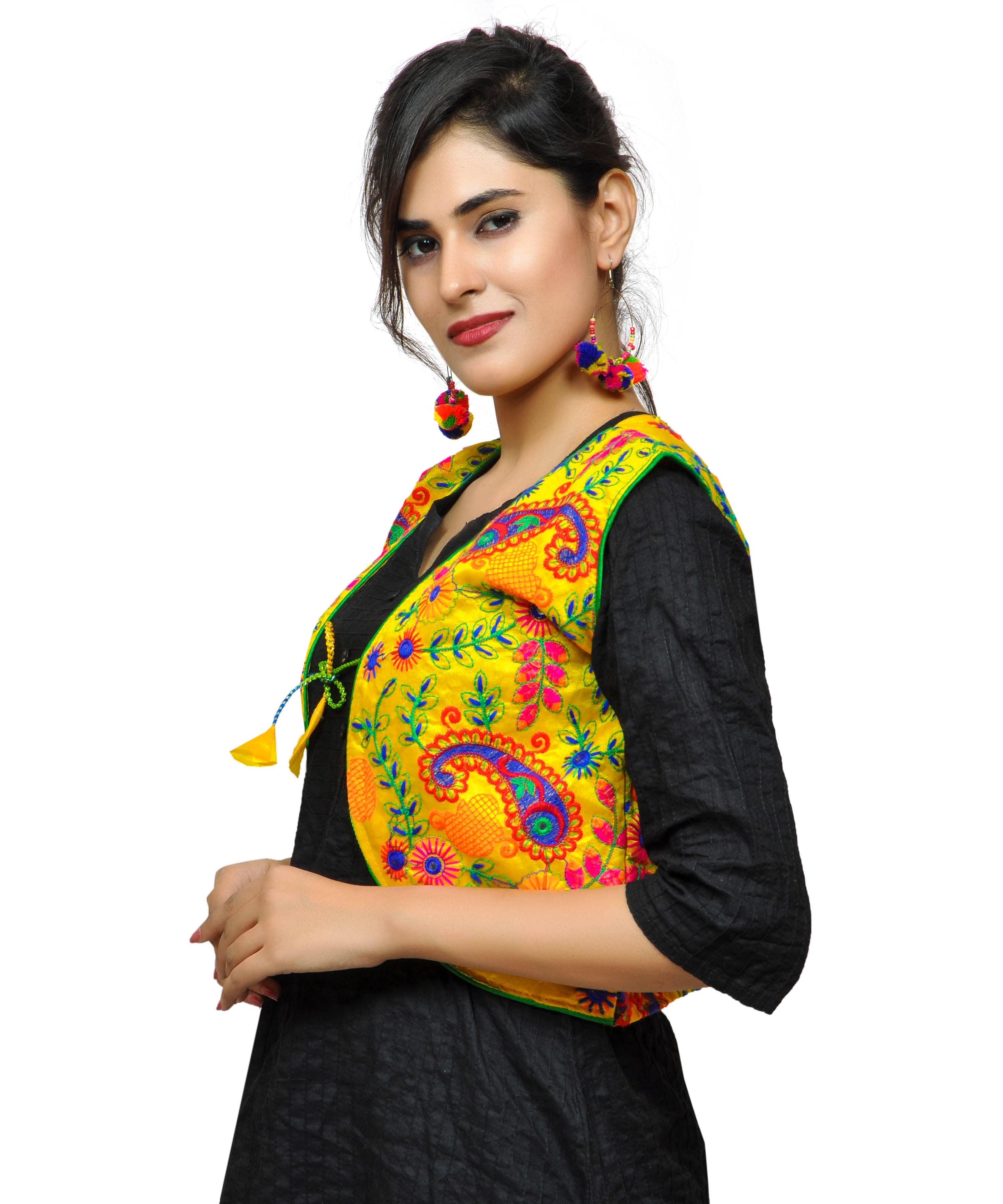 Cotton Kutchi Embroidered Short Jacket/Koti/Shrug (Keri Allover) YELLOW - KJK05