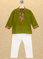 Kutchi Emboidered Kurta Pajama for Boys - Dark Green