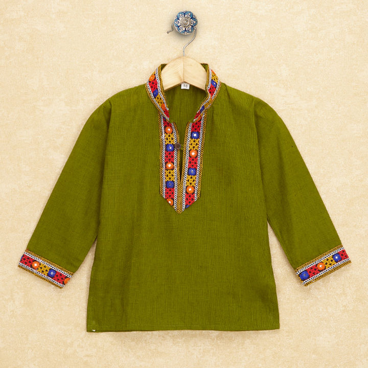 Kutchi Emboidered Kurta Pajama for Boys - Dark Green