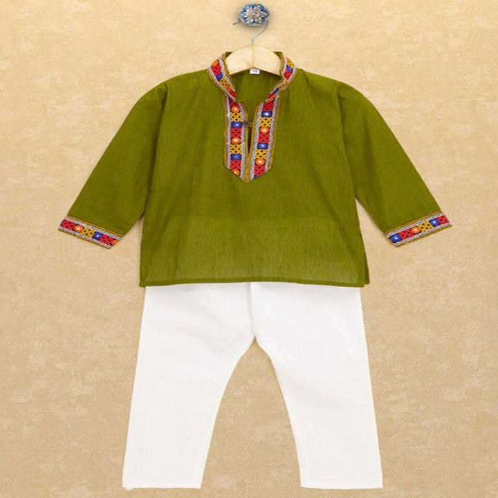 Kutchi Emboidered Kurta Pajama for Boys - Dark Green
