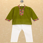 Kutchi Emboidered Kurta Pajama for Boys - Dark Green