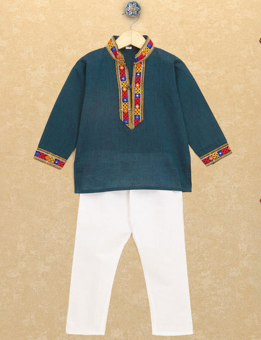 Kutchi Emboidered Kurta Pajama for Boys - Teal