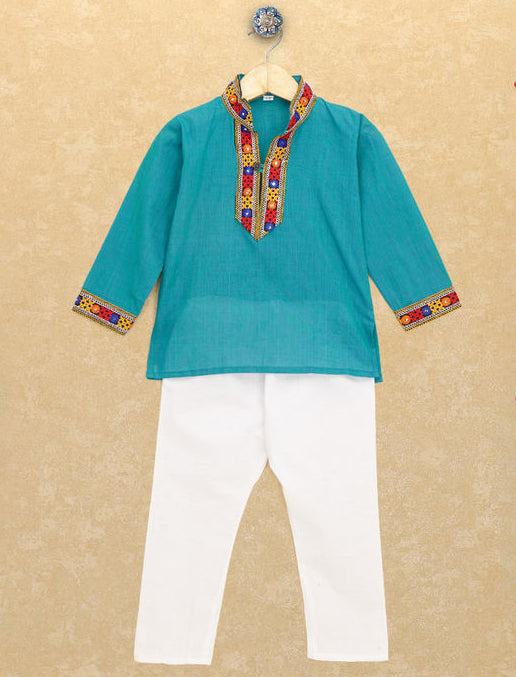 Kutchi Emboidered Kurta Pajama for Boys - Turquoise