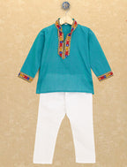 Kutchi Emboidered Kurta Pajama for Boys - Turquoise