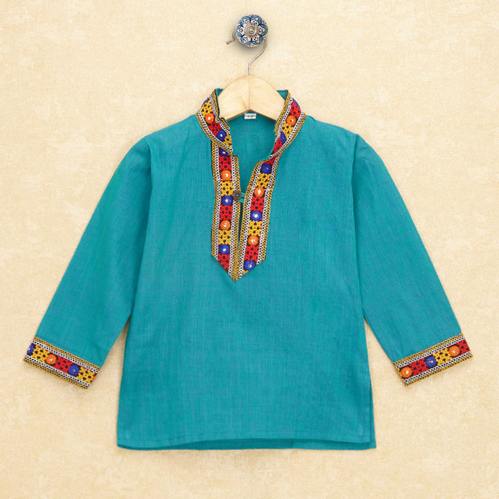 Kutchi Emboidered Kurta Pajama for Boys - Turquoise