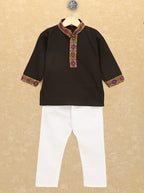 Kutchi Emboidered Kurta Pajama for Boys - Black