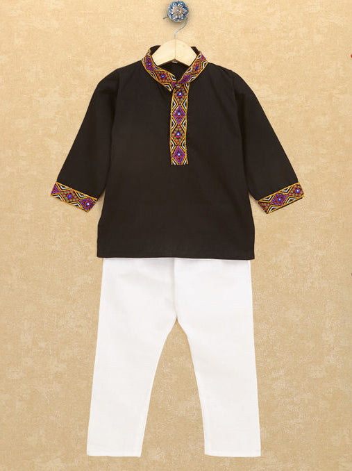 Kutchi Emboidered Kurta Pajama for Boys - Black