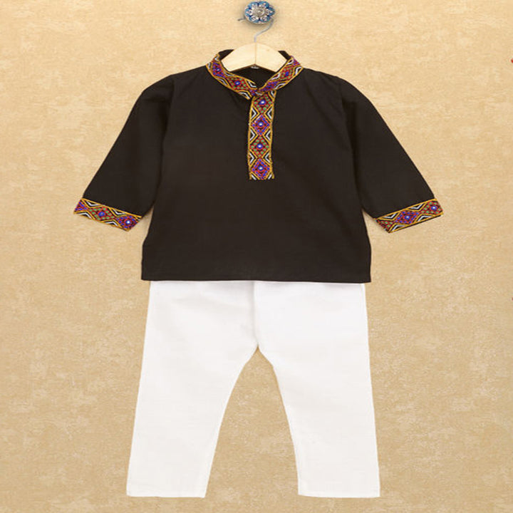 Kutchi Emboidered Kurta Pajama for Boys - Black