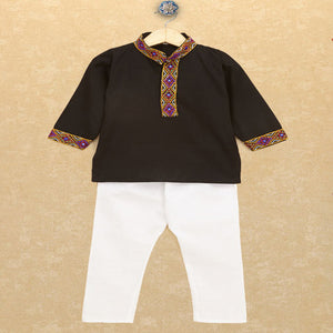 Kutchi Emboidered Kurta Pajama for Boys - Black