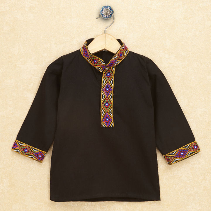 Kutchi Emboidered Kurta Pajama for Boys - Black
