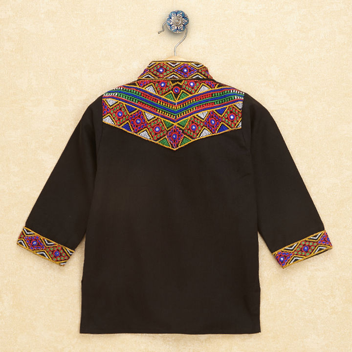 Kutchi Emboidered Kurta Pajama for Boys - Black