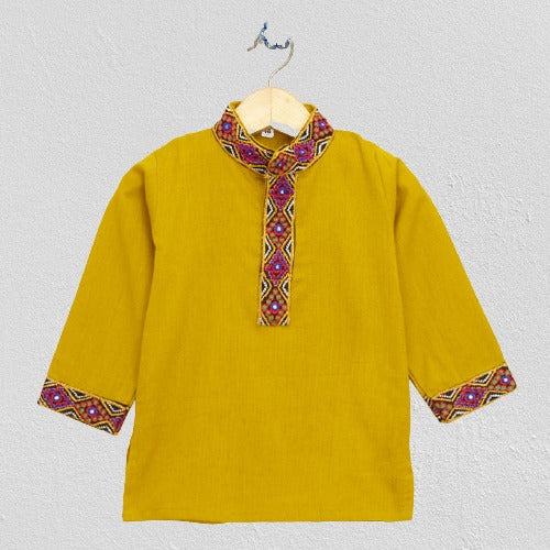 Kutchi Emboidered Kurta Pajama for Boys - Mustard