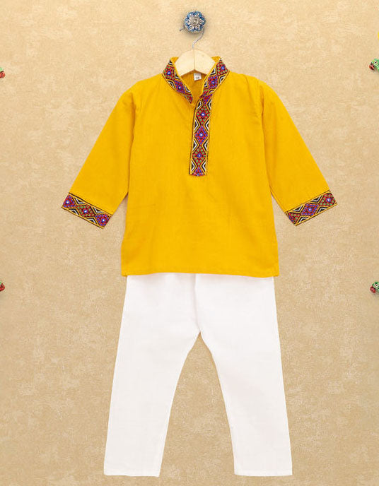 Kutchi EmboideYellow Kurta Pajama for Boys - Yellow