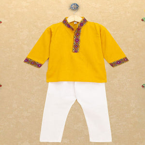 Kutchi EmboideYellow Kurta Pajama for Boys - Yellow