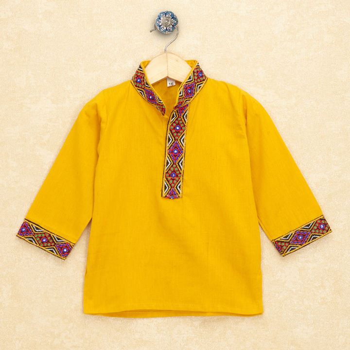 Kutchi EmboideYellow Kurta Pajama for Boys - Yellow