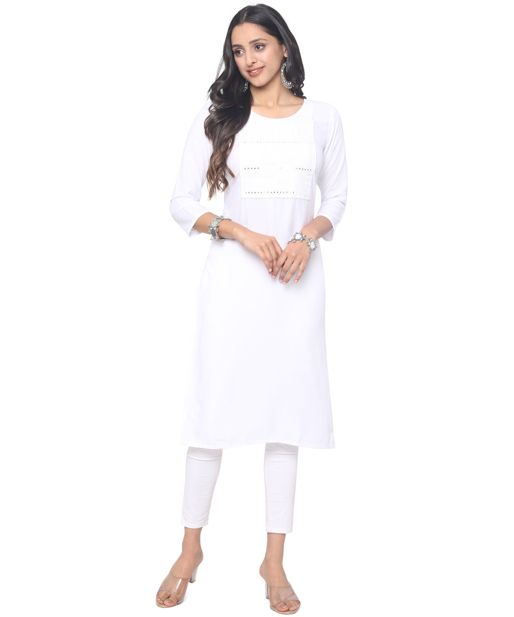 Banjara India Women's Rayon Yolk Embroidered Elbow Sleeve Kurta - White-SF