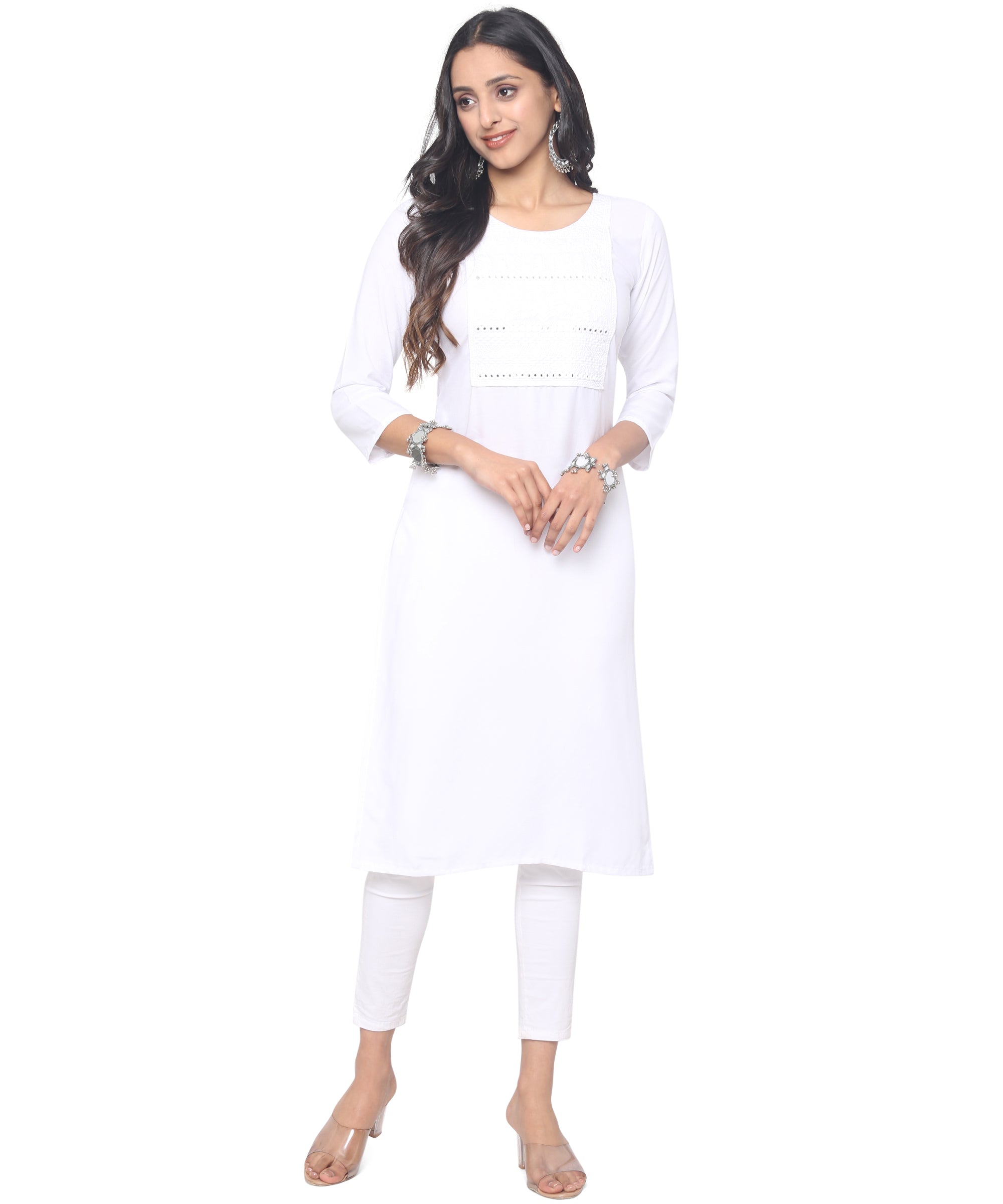 Banjara India Women's Rayon Yolk Embroidered Elbow Sleeve Kurta - White-SF