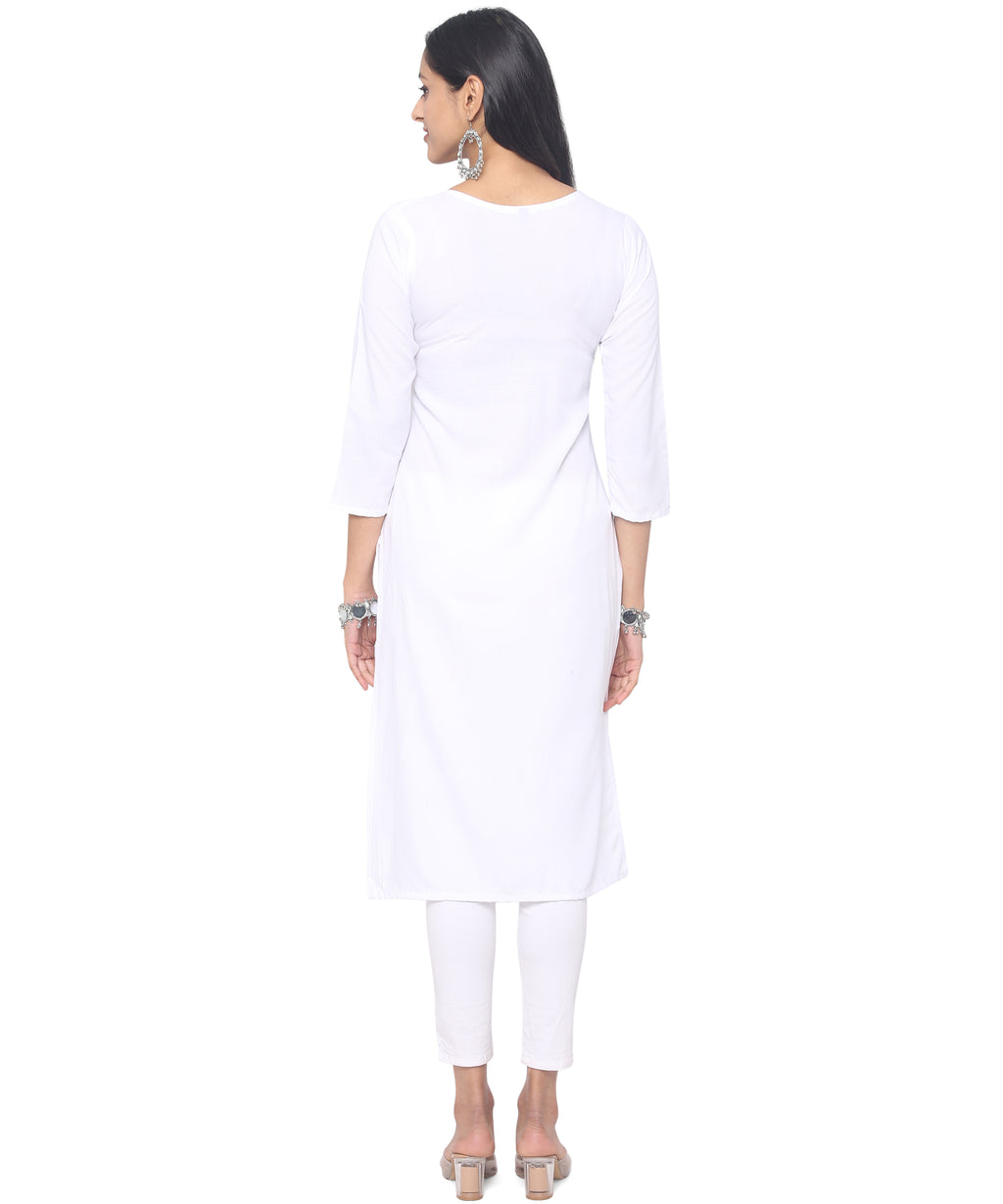 Banjara India Women's Rayon Yolk Embroidered Elbow Sleeve Kurta - White-SF