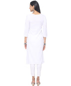 Banjara India Women's Rayon Yolk Embroidered Elbow Sleeve Kurta - White-SF