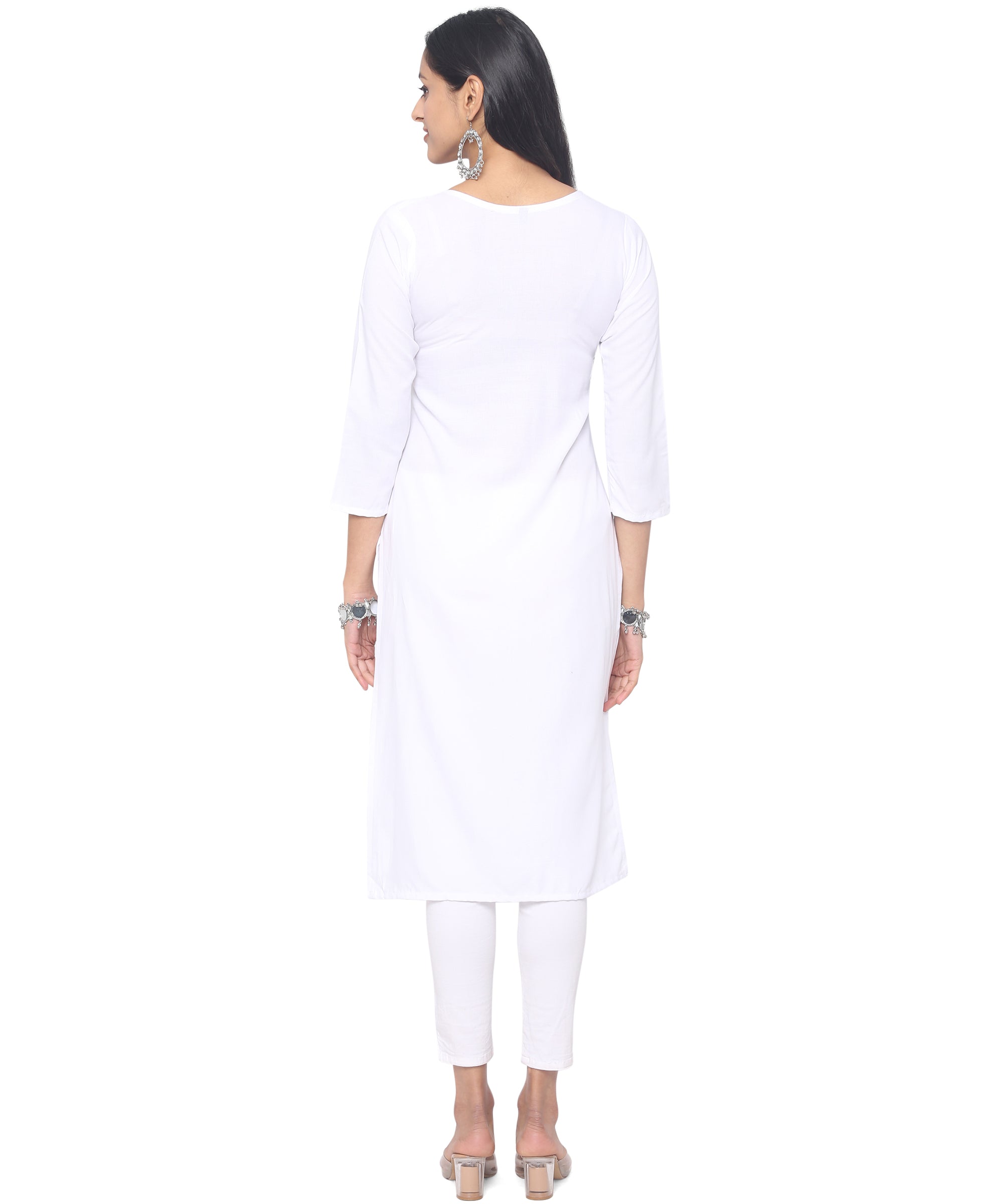 Banjara India Women's Rayon Yolk Embroidered Elbow Sleeve Kurta - White-SF