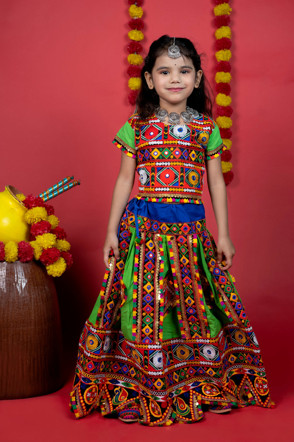 Banjara India Kutchi Emboidered Black Girls Chaniya Choli with Dupatta (CC-PTW) - Green