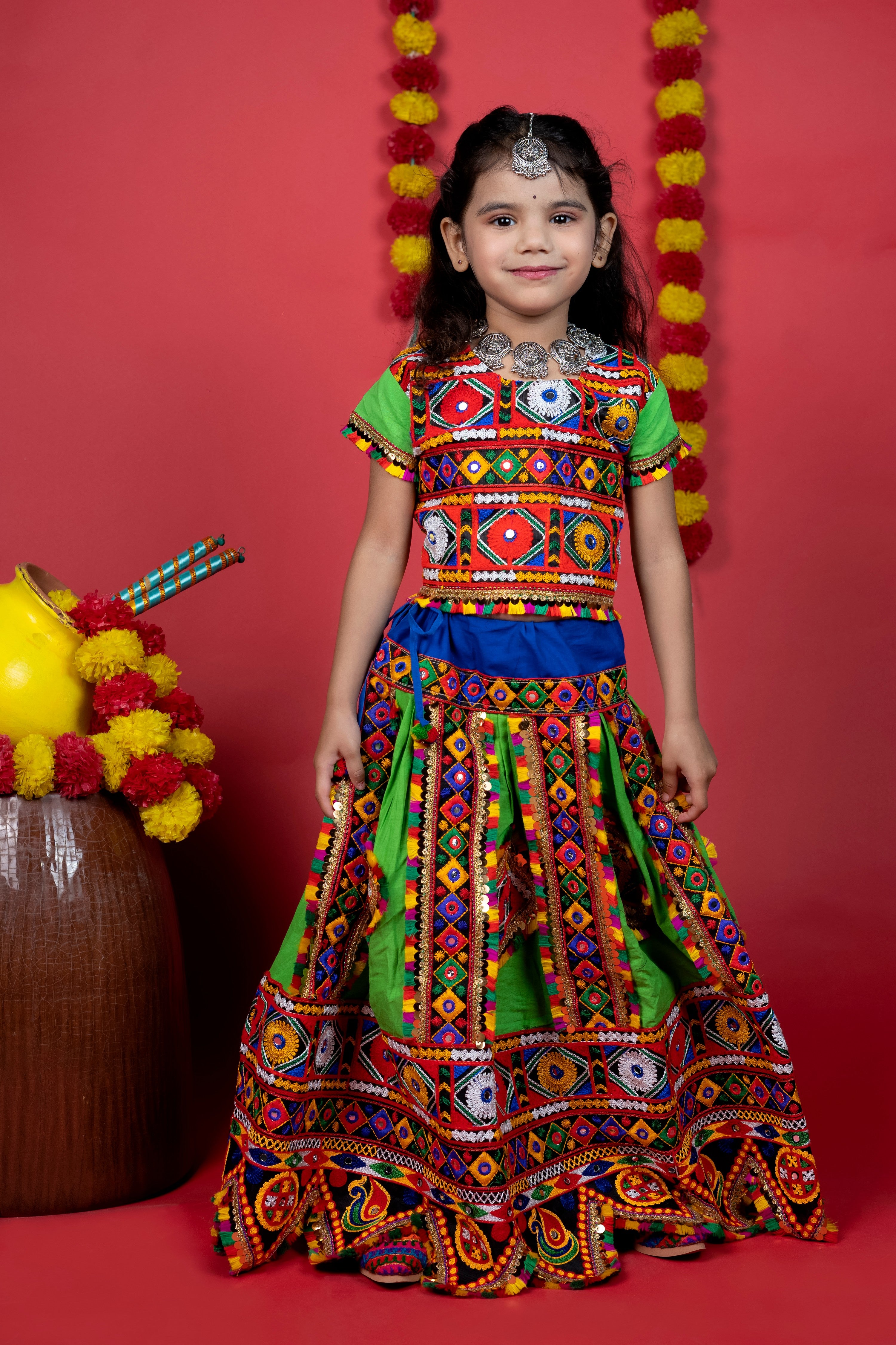 Banjara India Kutchi Emboidered Black Girls Chaniya Choli with Dupatta (CC-PTW) - Green