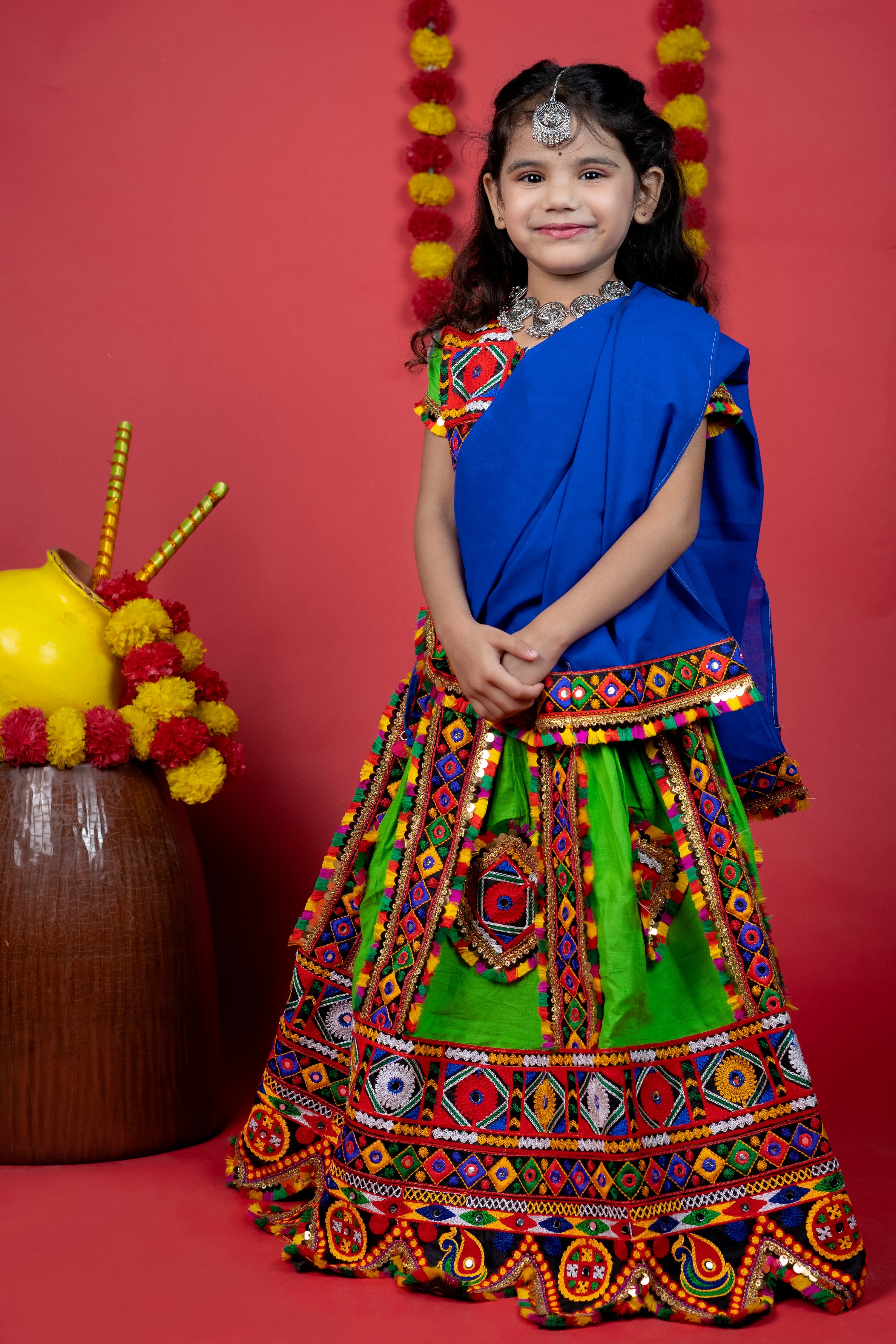 Banjara India Kutchi Emboidered Black Girls Chaniya Choli with Dupatta (CC-PTW) - Green