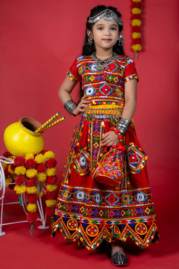 Banjara India Kutchi Emboidered Black Girls Chaniya Choli with Dupatta (CC-PTW) - Red