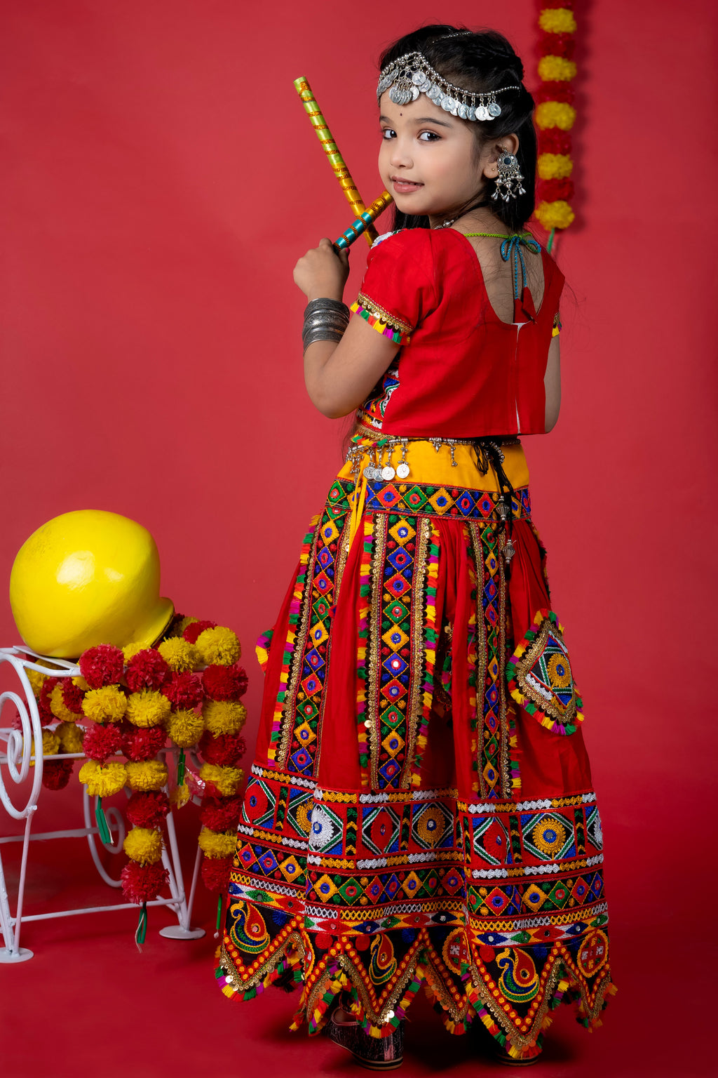 Banjara India Kutchi Emboidered Black Girls Chaniya Choli with Dupatta (CC-PTW) - Red