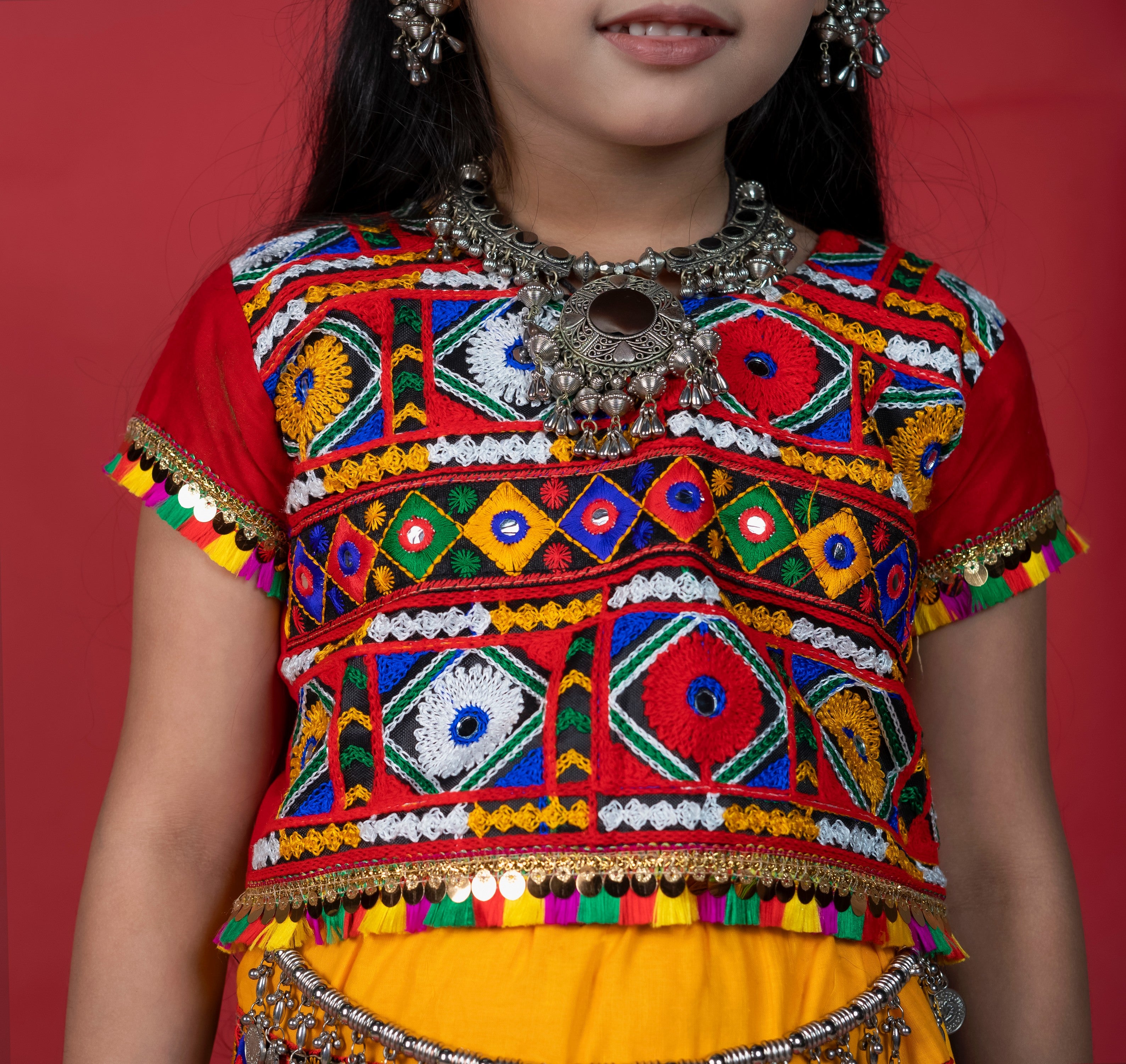 Banjara India Kutchi Emboidered Black Girls Chaniya Choli with Dupatta (CC-PTW) - Red