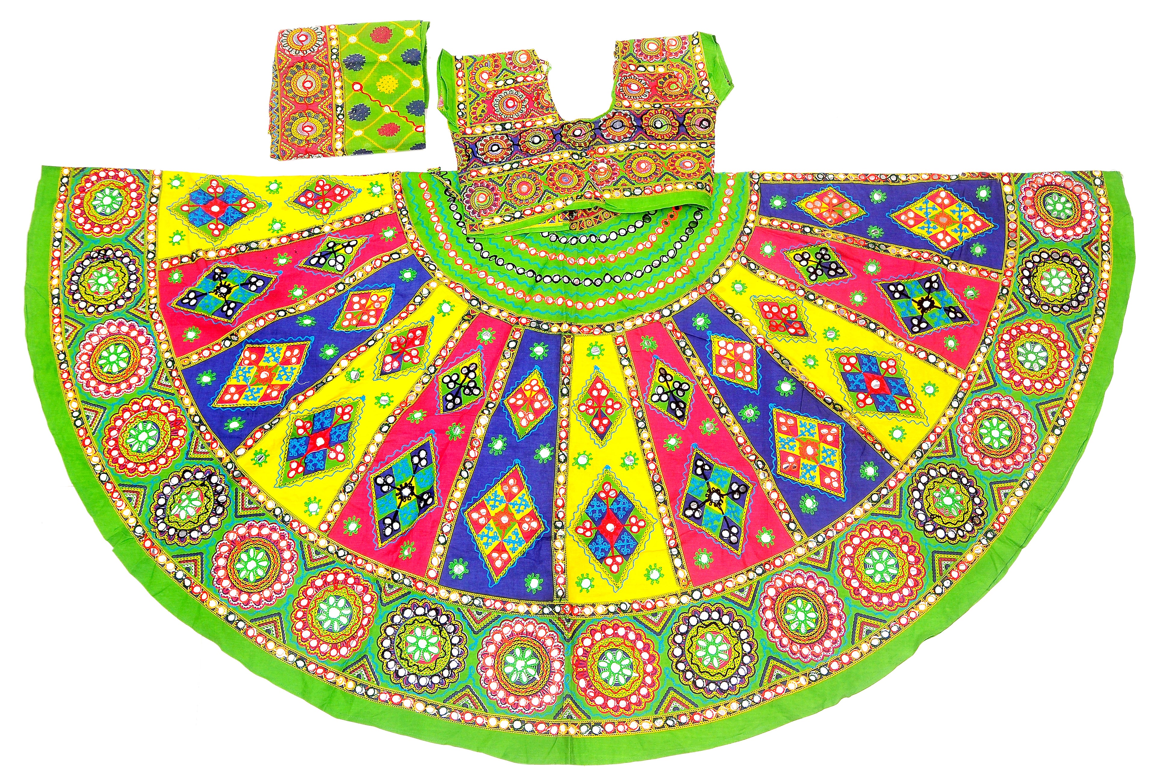 Banjara India Cotton Long Flair Aari Embroidery Kutch Work (Lehenga Choli) Chaniya Choli Set with Dupatta-KAJU03