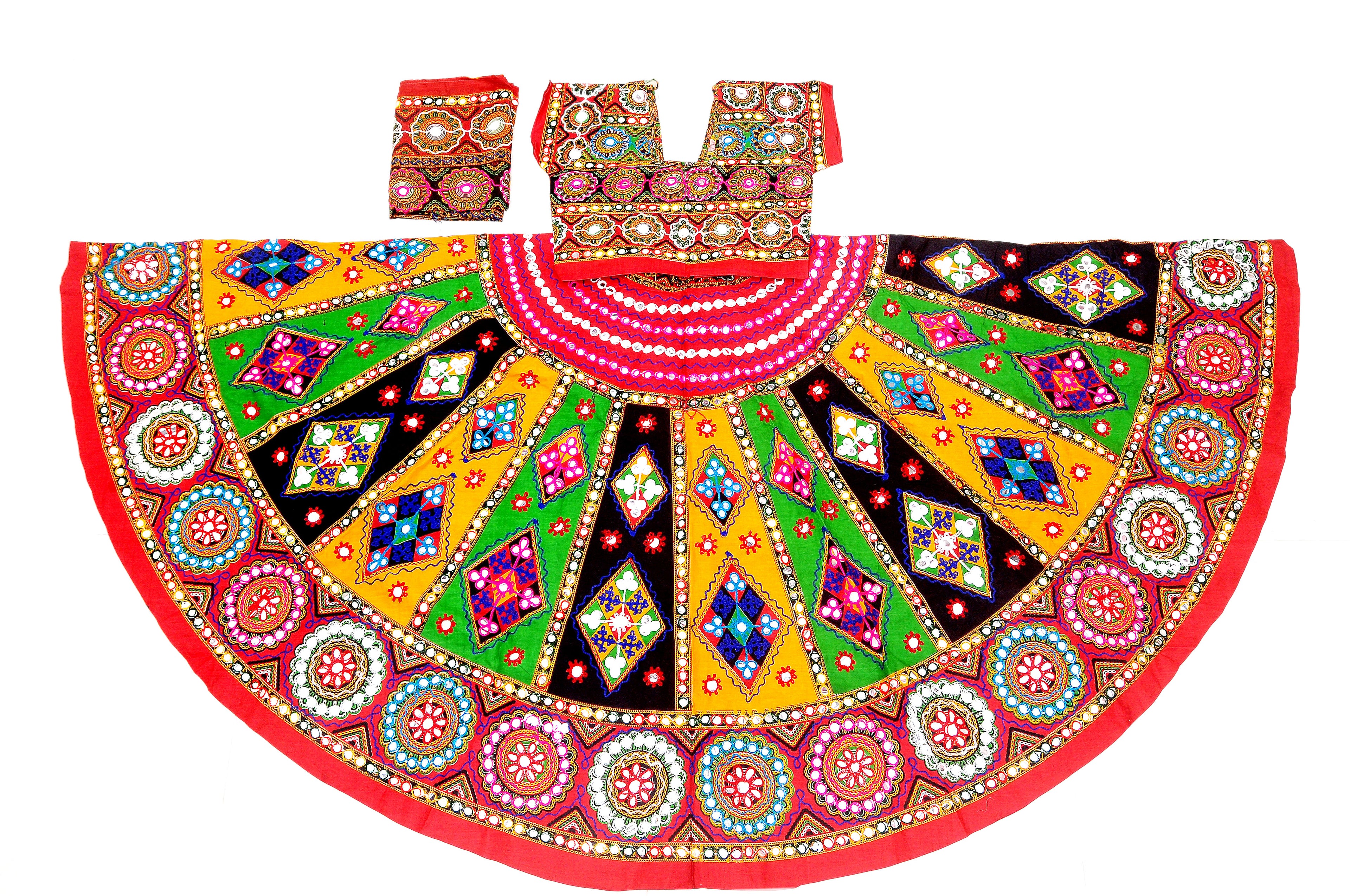 Banjara India Cotton Long Flair Aari Embroidery Kutch Work (Lehenga Choli) Chaniya Choli Set with Dupatta-KAJU05