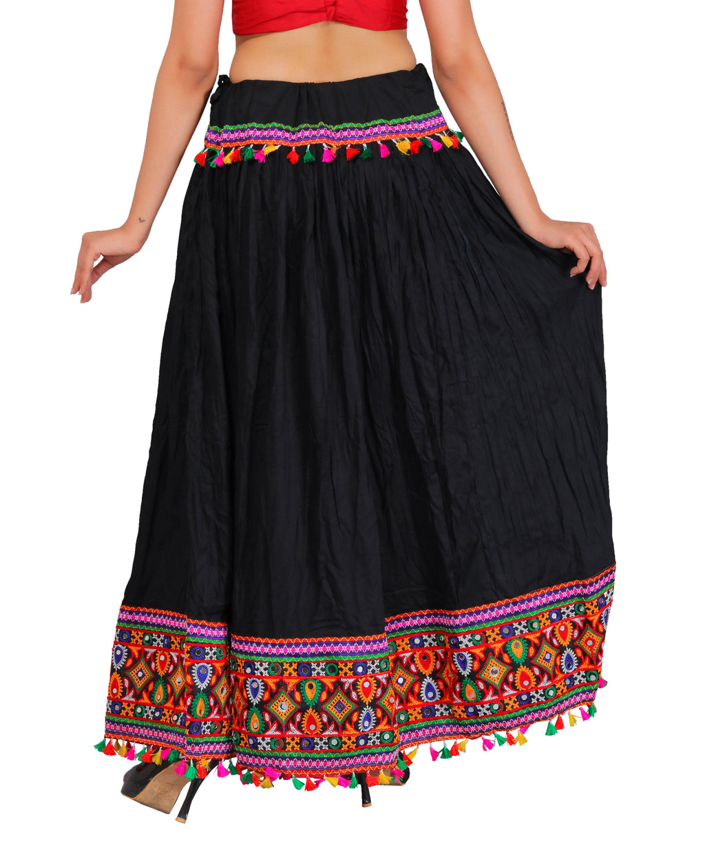 Kutchi Embroidered Border Rayon Skirt/Chaniya - KutchiSkirt-Black