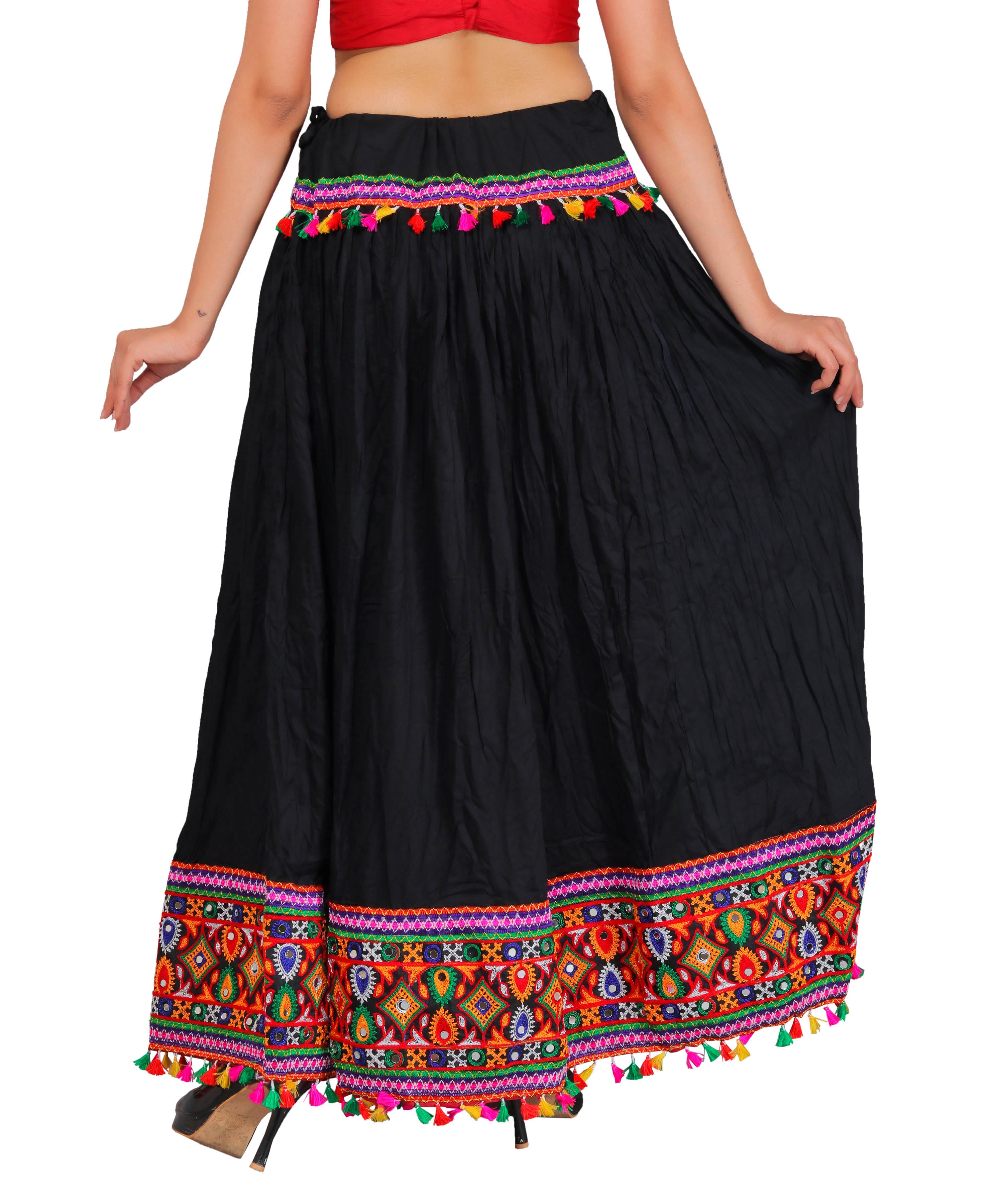 Kutchi Embroidered Border Rayon Skirt/Chaniya - KutchiSkirt-Black