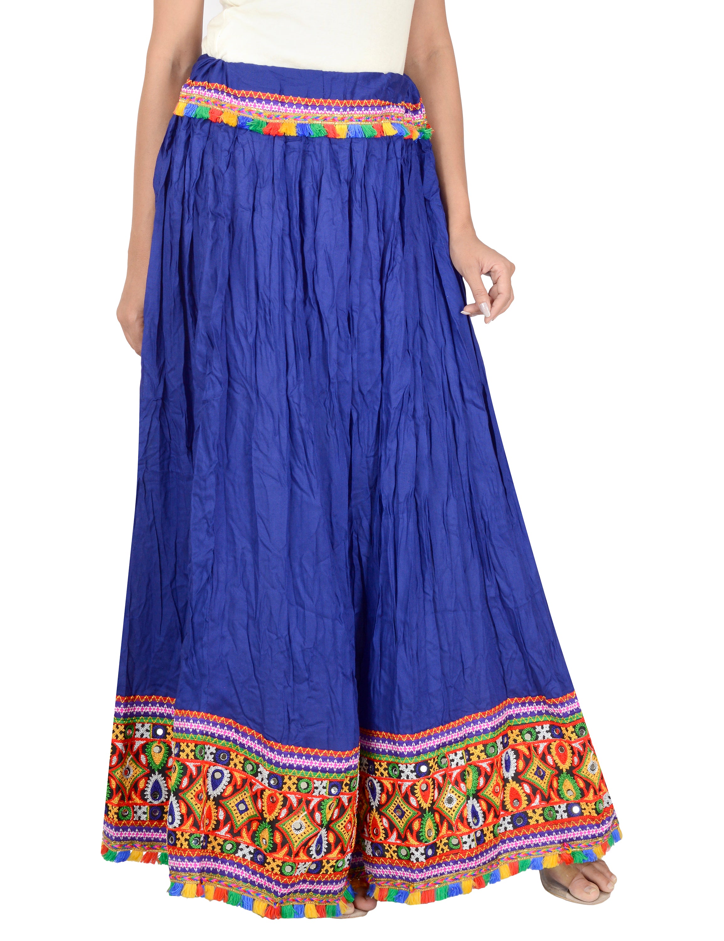 Kutchi Embroidered Border Rayon Skirt/Chaniya - KutchiSkirt-Blue