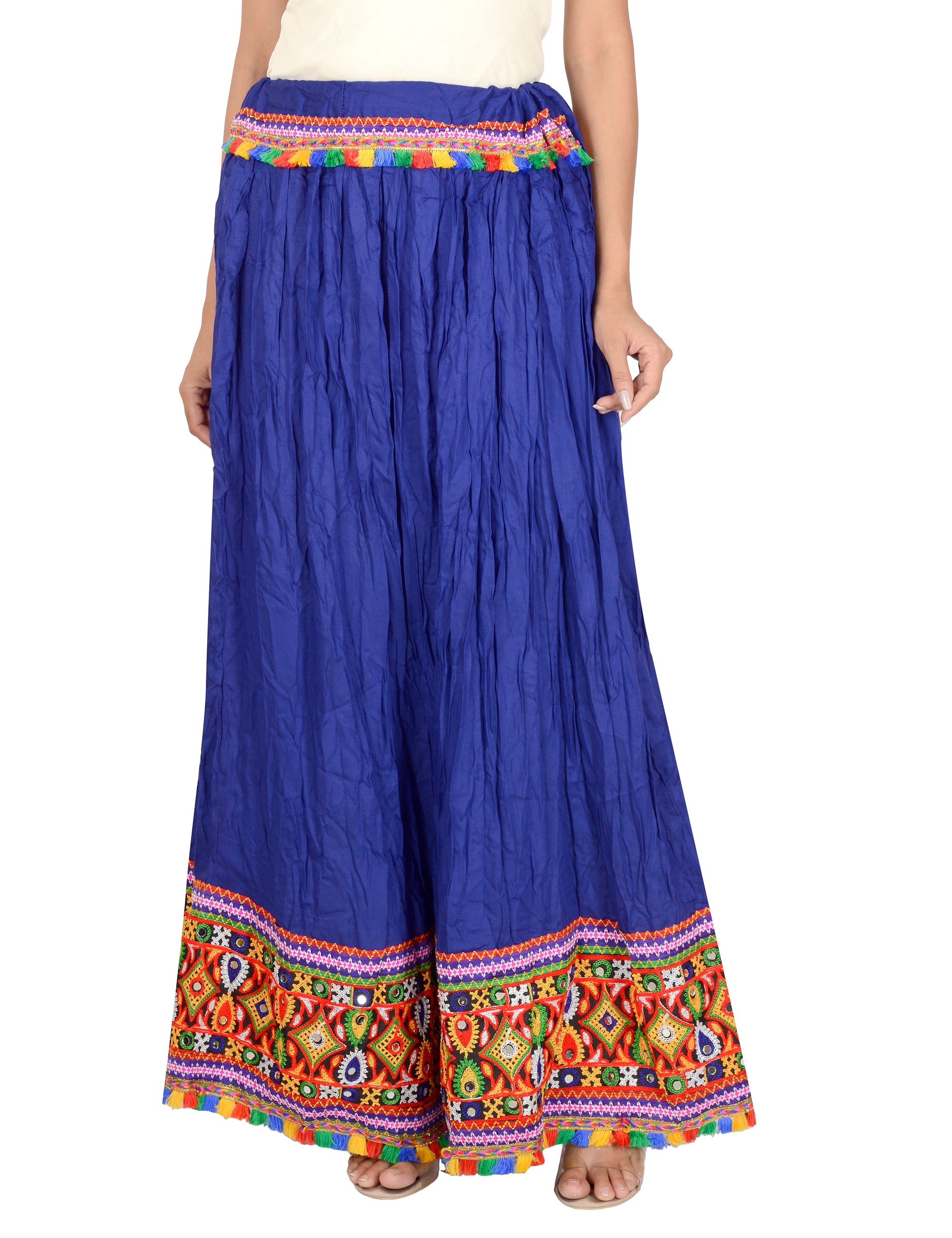 Kutchi Embroidered Border Rayon Skirt/Chaniya - KutchiSkirt-Blue