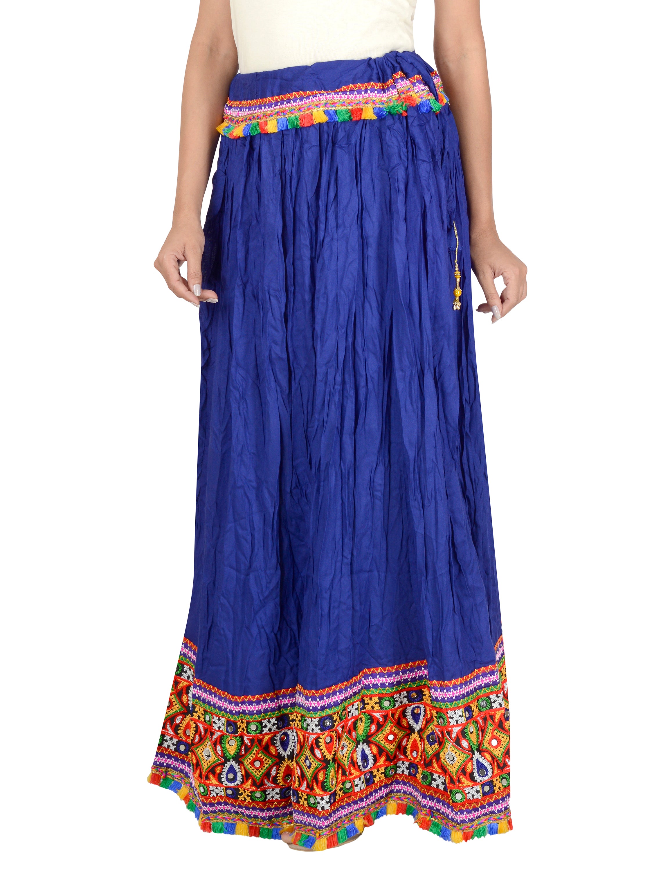 Kutchi Embroidered Border Rayon Skirt/Chaniya - KutchiSkirt-Blue