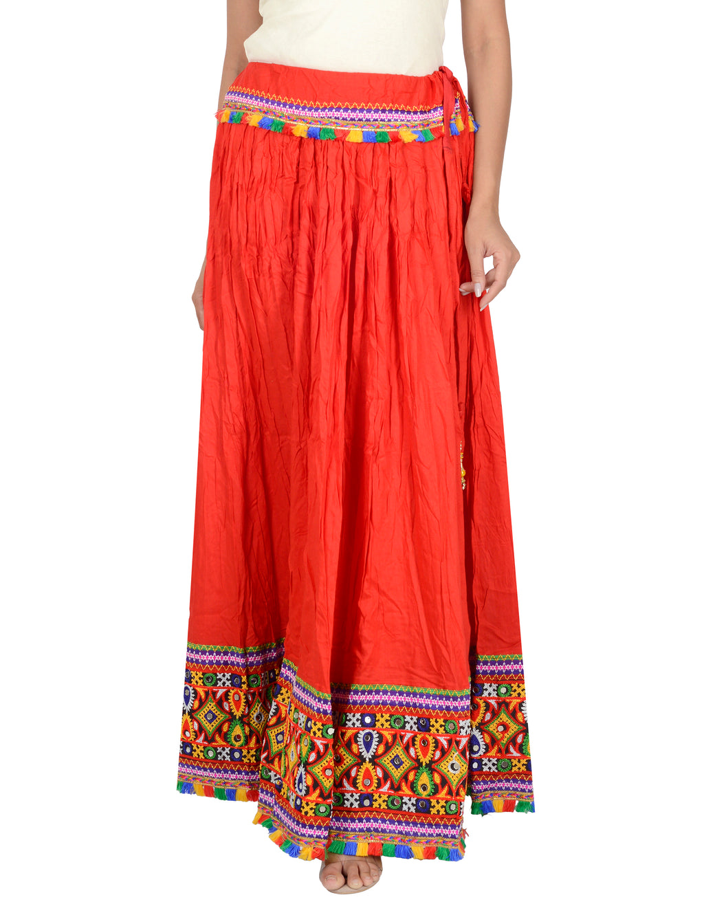 Kutchi Embroidered Border Rayon Skirt/Chaniya - KutchiSkirt-Red