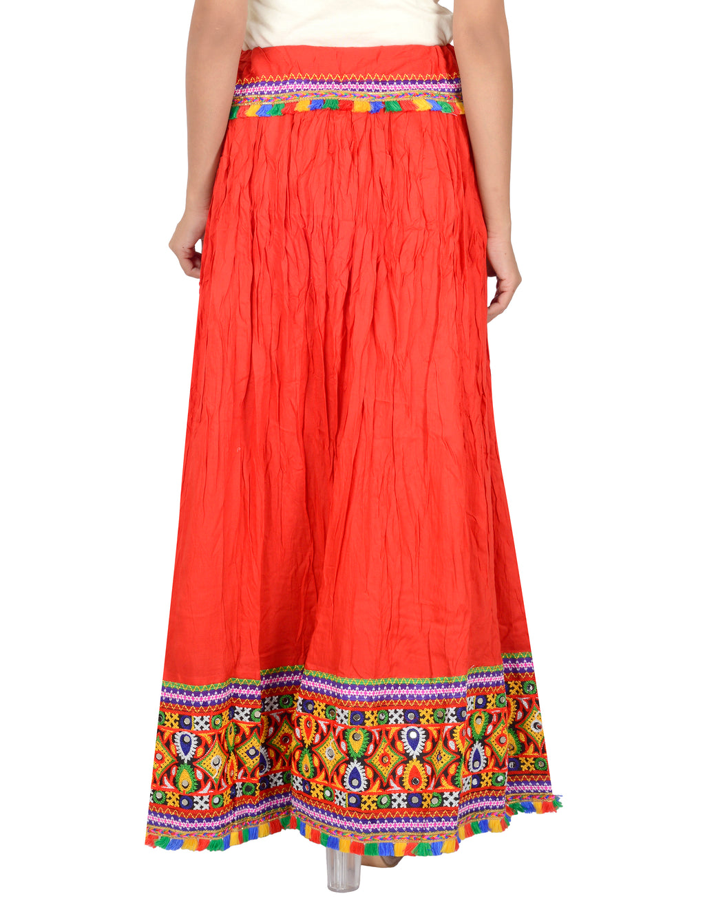 Kutchi Embroidered Border Rayon Skirt/Chaniya - KutchiSkirt-Red