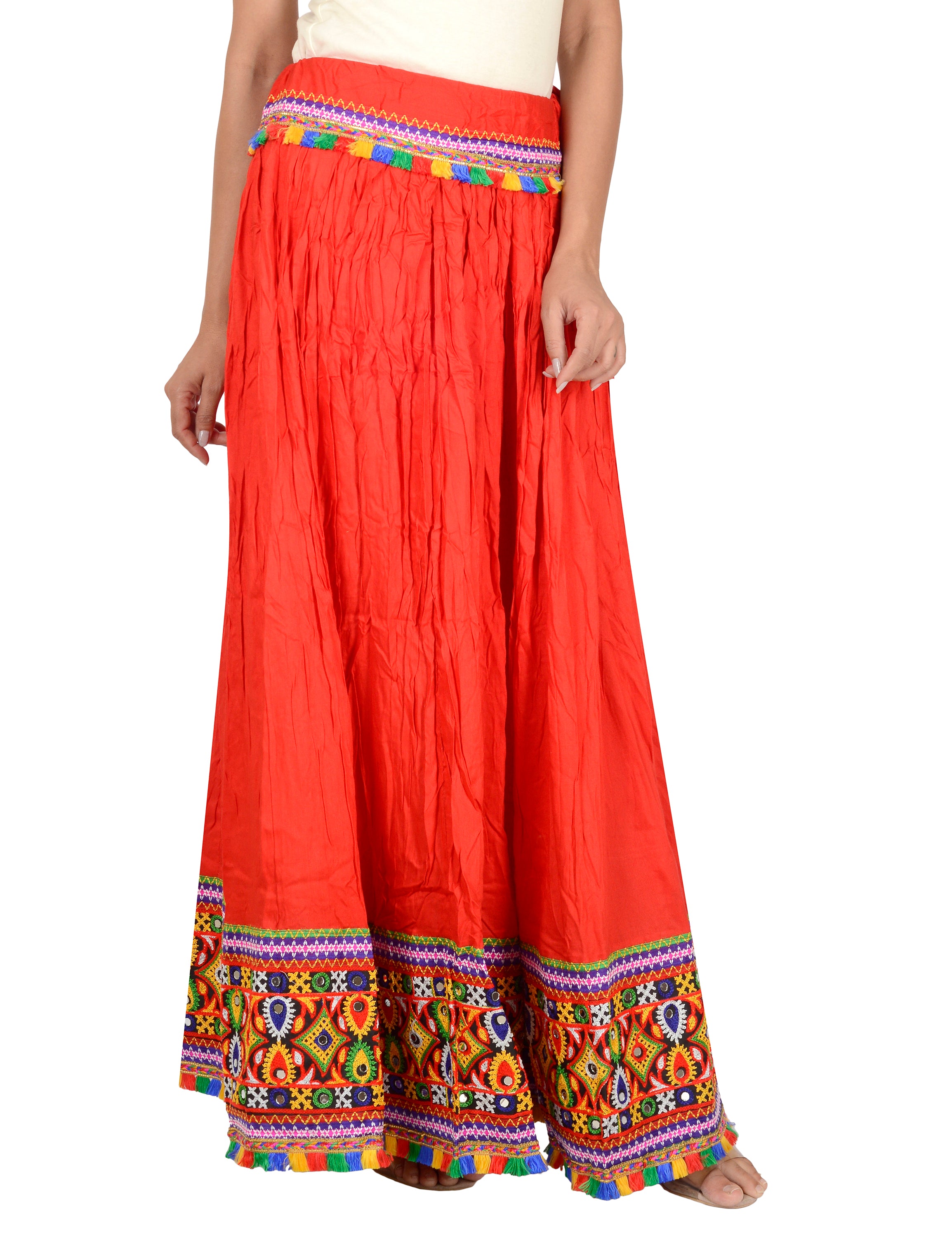 Kutchi Embroidered Border Rayon Skirt/Chaniya - KutchiSkirt-Red
