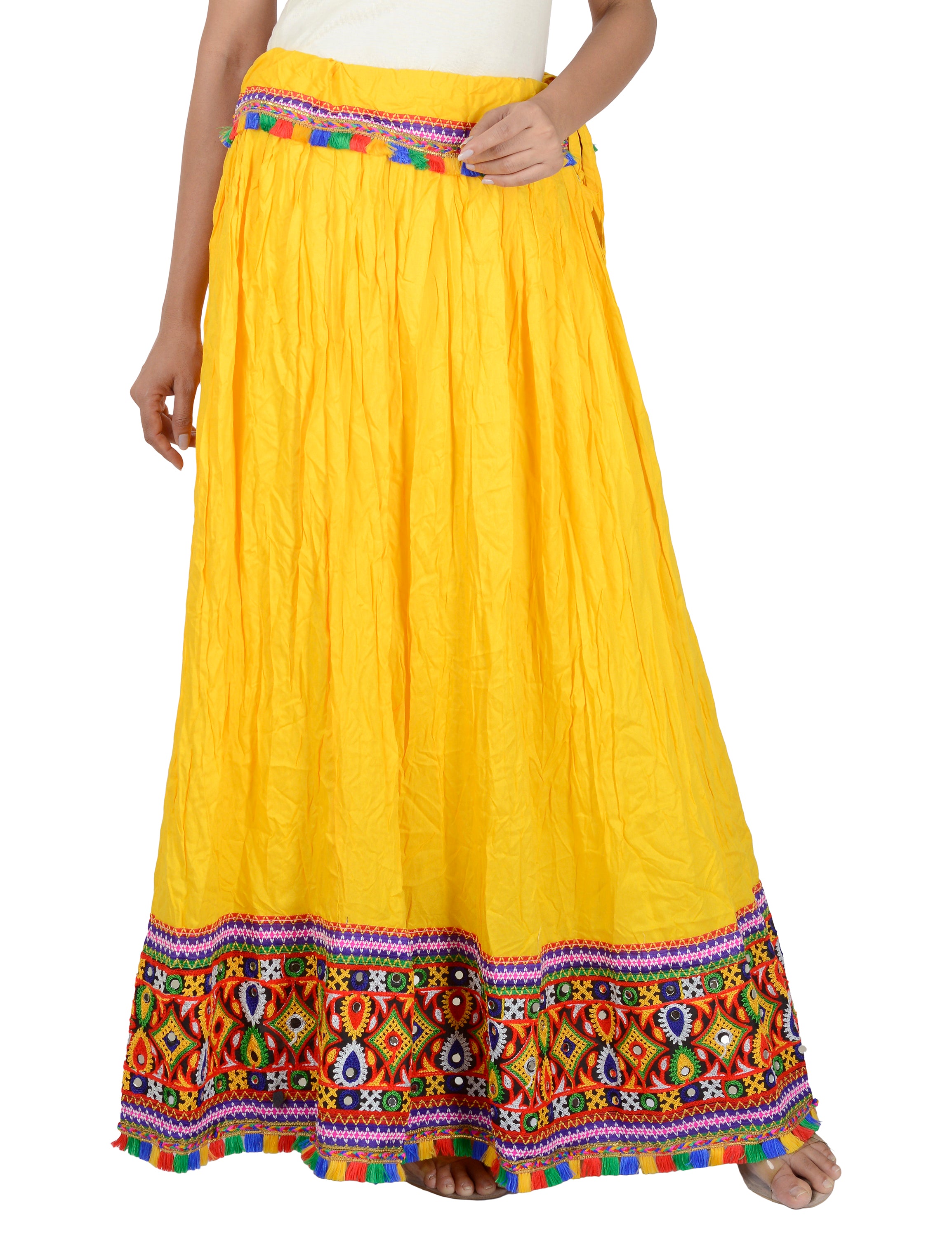 Kutchi Embroidered Border Rayon Skirt/Chaniya - KutchiSkirt-Yellow